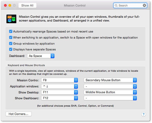 You can trigger Mission Control in any of five ways: by clicking its icon, with a finger gesture, by twitching your cursor into a certain corner of the screen (Hot Corners), by pressing a key (bottom half of this box), or by clicking the extra buttons on a multi-button mouse, including the Apple Mouse. Of course, there’s nothing to stop you from setting up all of these ways, so you can press or swipe in some situations and twitch or click in others.