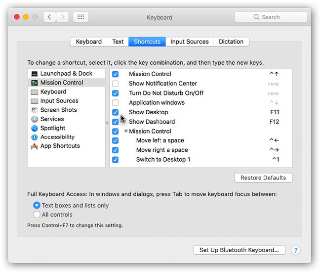 To control Spaces from the keyboard, open →System Preferences→Keyboard. Click Keyboard Shortcuts and then Mission Control. As shown here, Apple has preassigned keyboard shortcuts to your various Spaces—but they’re not turned on yet. Turn on the checkboxes for the shortcuts you want. (You can change those shortcuts here, too.)