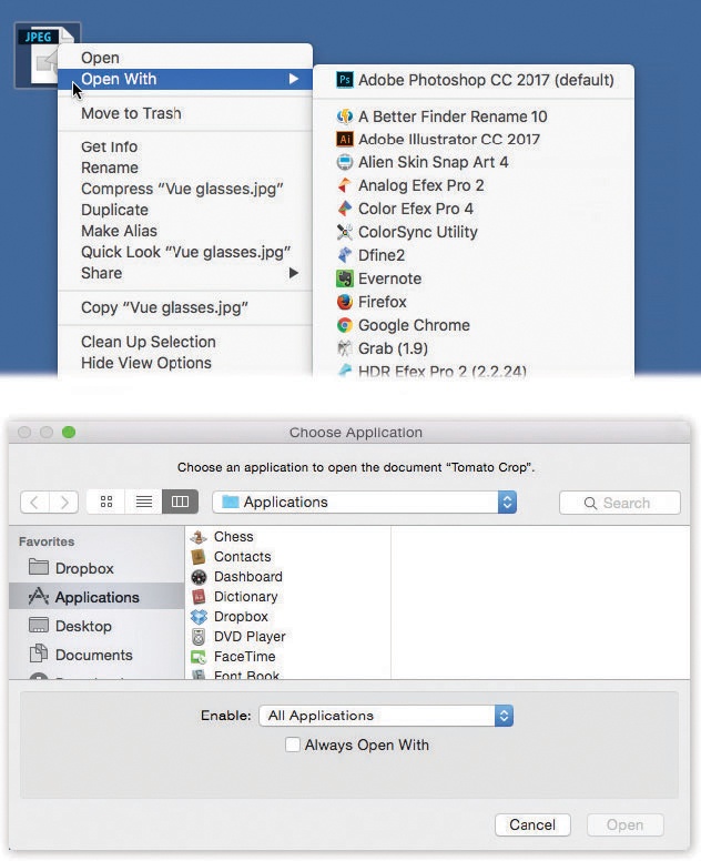 Top: The shortcut menu offers a list of programs capable of opening an icon. If you were to press the Option key right now, the words “Open With” would suddenly change to say “Always Open With.”
