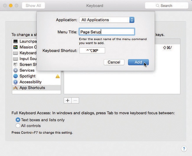 If you choose All Applications from the top pop-up menu, you can change the keyboard combo for a certain command wherever it appears. You could, for example, change the keystroke for Page Setup in every program at once. (Beware the tiny yellow triangles; they let you know if a chosen keystroke conflicts with another macOS keystroke.)