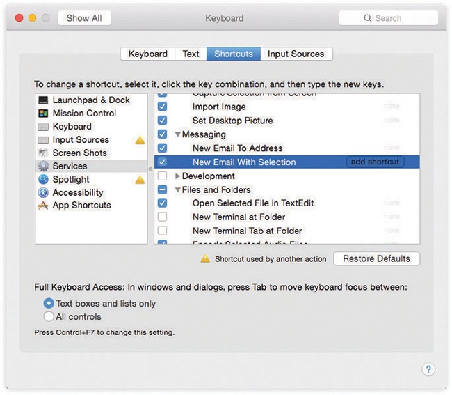 The keyboard-shortcut center lets you redefine the keystrokes that trigger many basic macOS features, menu commands in your programs, and software you’ve built yourself using Automator.