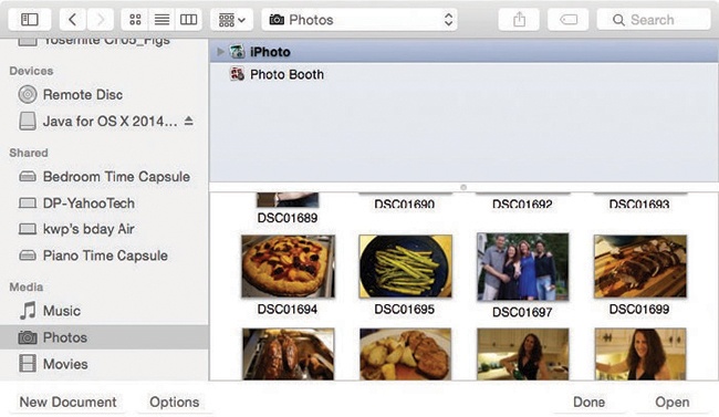 The Media Browser is built right into the Open box. You get miniature listings of your iTunes, Photos, and movie files right in the Sidebar, for convenience in importing them into (for example) Keynote, PowerPoint, or a web design program.