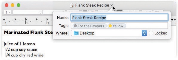 Point to the title of your document to see this secret menu. It lets you rename the document, change its tags, or file it into a new folder, without ever leaving the window.