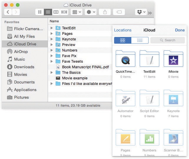 Left: The iCloud Drive icon appears in the Sidebar of every Finder window and Save/Open dialog box.