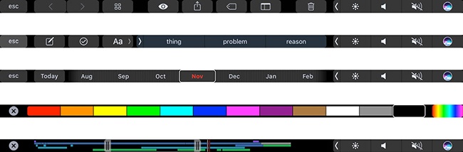 Meet the Touch Bar, shown in just a few of its incarnations. Apple decided that touch might be a useful feature—as part of the keyboard, not the screen.