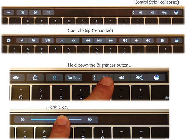 Top: The Control Strip is always present on the right—and usually collapsed, to make room for your programs’ buttons in the center of the Touch Bar. To expand the Control Strip to the full width of the keyboard, tap the skinny button.