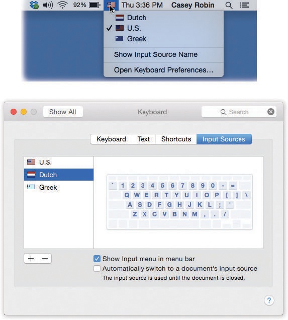 Bottom: Click the + button to view a list of keyboard layouts; choose one to add to this list.