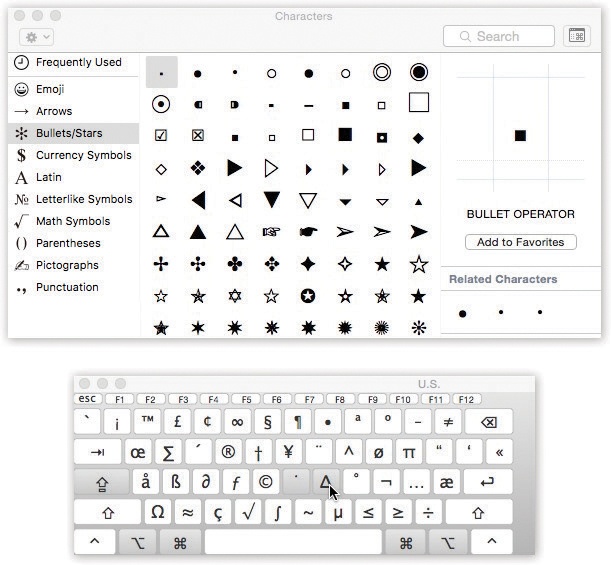 Top: You can preview variations of the same symbol in the Font Variation panel. Use the search box to find a symbol by name: “heart,” “yen” or “asterisk,” for example. And if you click the menu in the top left, you can choose Customize List—and you’ll have access to a staggering array of even more symbol categories, including wacky symbols from other alphabets.