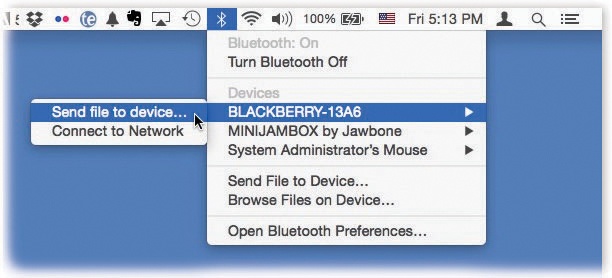 Once your Mac is paired with the other gadget, it’s easy to shoot a file to it wirelessly. In this example, you’ll start by choosing “Send file to device.”