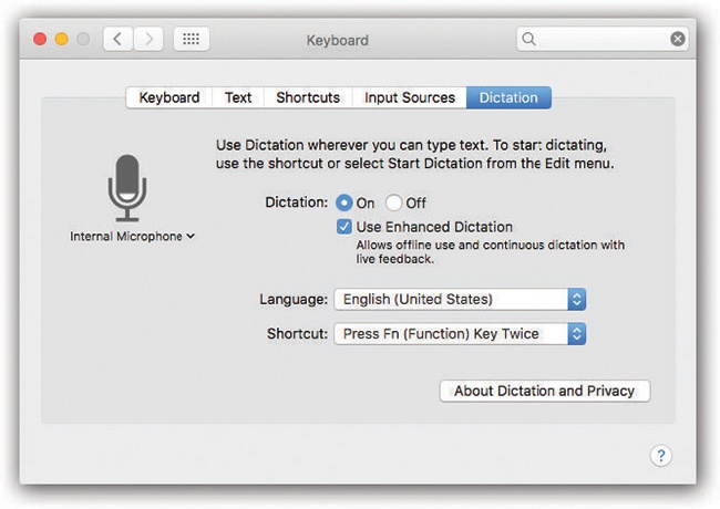 In System Preferences, you specify what microphone, language, and trigger key you want to use for dictation.