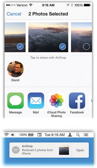 AirDrop goes both ways: from iPhone to Mac (shown here), or Mac to iPhone. Actually, it goes many more ways than that, because the iPad and iPod Touch can do it, too.