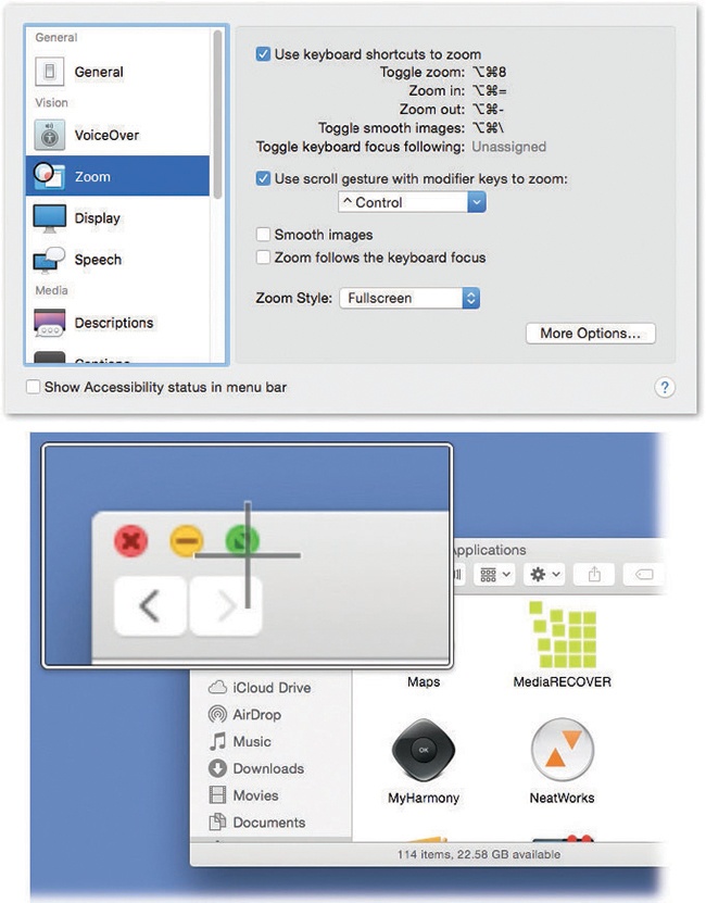 Top: You’ll be amazed at how much you can zoom using this Accessibility pane. In fact, there’s nothing to stop you from zooming in so far that a single pixel nearly fills the entire monitor. (That may not be especially useful for people with limited vision, but it can be handy for graphic designers learning how to reproduce a certain icon, dot by dot.)