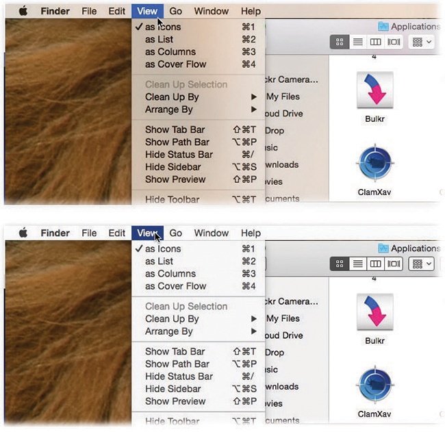 When you turn on “Reduce transparency,” those semi-transparent menu bars, window edges, and panels (top) become opaque (bottom). The translucence is a trademark feature of macOS, but it doesn’t actually help you use the computer; plenty of people find opaque menus and windows less visually confusing.