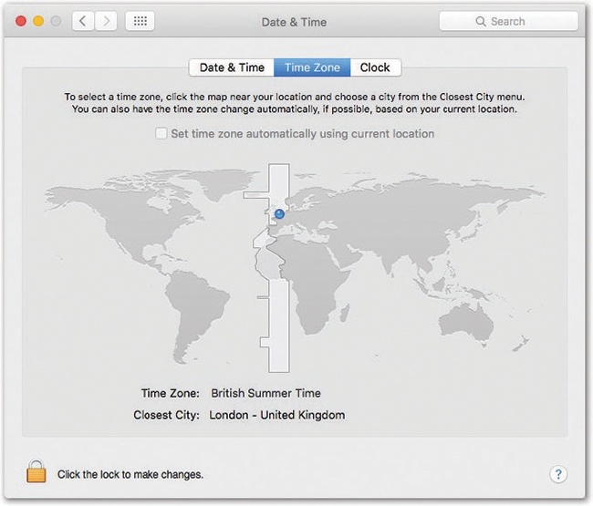 To set your time zone the quick and dirty way, click a section of the map to indicate your general region of the world. To teach the Mac more precisely where you are in that time zone, use the Closest City pop-up menu. (Or, instead of using the pop-up menu with the mouse, you can also highlight the text in the Closest City box. Then start typing your city name until the Mac gets it.)