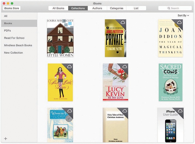 Your iBooks library is more than just book covers. Stamps at the top-right corner indicate which are new, which are free samples, and which are actually online, waiting to be downloaded ().