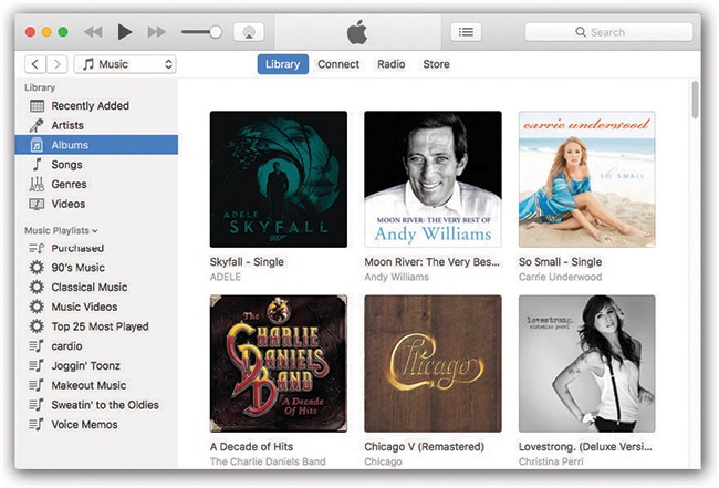 iTunes, shown here with the Apple Music features turned off, can play music CDs; tune in to Internet radio stations; load up your iPod, iPhone, or iPad; and play music files.