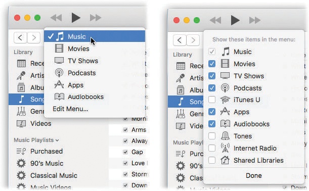 To edit the pop-up menu of file types (left), choose Edit Menu. Click to place checkmarks next to the file types you want to appear in the menu, as shown here at right.