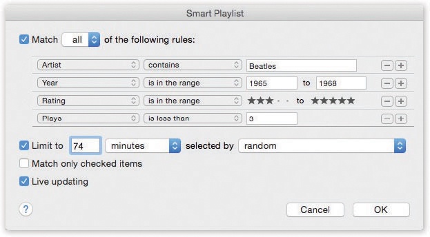 A smart playlist is a powerful search command for your iTunes database. You can set up certain criteria, like the hunt for particular Beatles tunes illustrated here. The “Live updating” checkbox makes iTunes keep this playlist updated as your collection changes, as you change your ratings, as your play count changes, and so on.