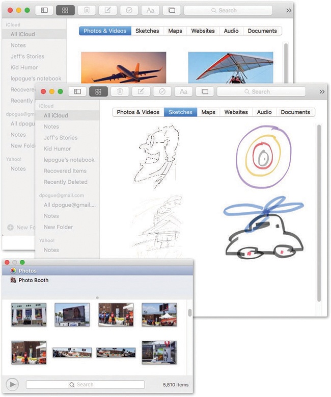 The Notes attachments browser lists every photo, video, sketch, map, website, audio file, and other document that appears in any note in your Notes, all in one place (use the tabs at top). Click one to jump to the note that contains it—a great way to find something you’re looking for without having to know when you wrote it or what it said.