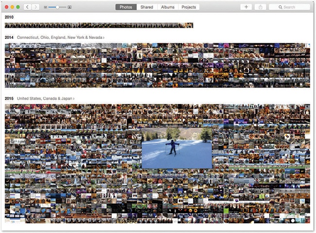 Whenever you’re looking at a grid of tiny thumbnail images (in a Year, Collection, or Moment), hold your mouse down within the batch. A larger thumbnail sprouts from your cursor, and you can slide your mouse around within the mosaic to find a particular photo, or batch of them. Release to open that photo at full-screen size for inspection.