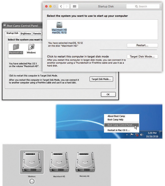 Top: To choose your preferred operating system—the one that always starts up unless you intervene—choose →System Preferences. Click Startup Disk, and then click the icon for either macOS or Windows. Next, either click Restart (if you want to switch right now) or close the panel. The same controls are available when you’re running Windows.