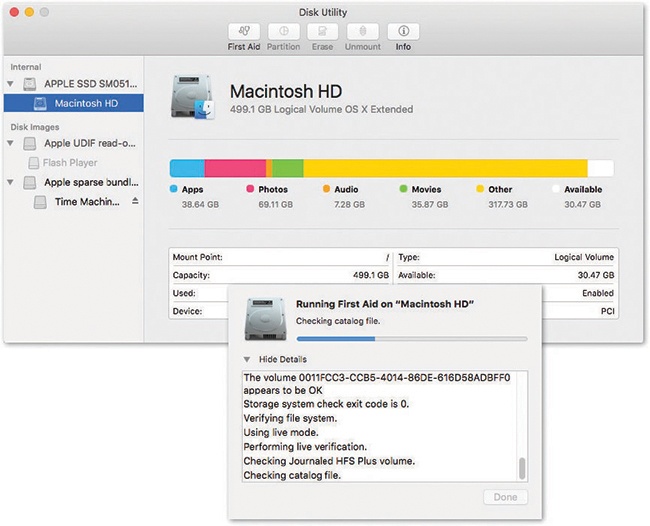 Top: The left Disk Utility panel lists your hard drive and any other disks in or attached to your Mac at the moment.