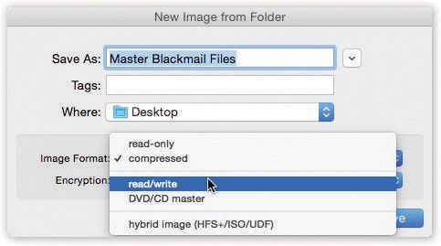 These two pop-up menus let you specify (a) what kind of disk image you want, and (b) whether you want it password-protected. The latter option is great when you want to password-protect one folder, without bothering with your entire Home folder.
