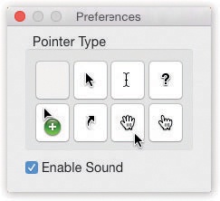 Unlike the Shift--3 or Shift--4 keystrokes, Grab lets you include the pointer/cursor in the picture—or hide it. Choose Grab→Preferences and pick one of the pointer styles, or choose to keep the pointer hidden by activating the blank button in the upper-left corner.