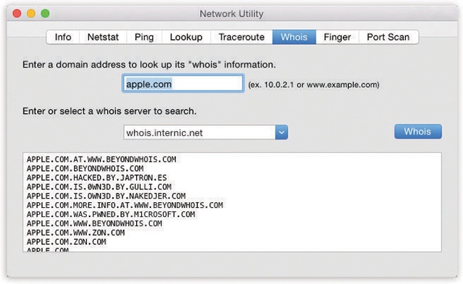 The whois tool is a powerful part of Network Utility. First enter a domain that you want information about, and then choose a whois server (you might try www.whois.networksolutions.com). When you click the Whois button, you get a surprisingly revealing report about the owner of the domain, including phone numbers and contact names.