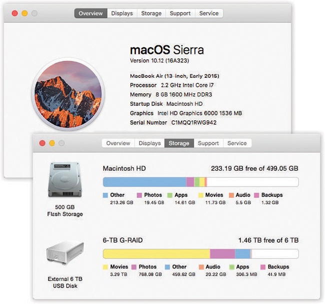 This dialog box gives you a plain-English display of the Mac details you probably care the most about: memory, screen, storage, serial number, macOS version, and so on. (Click the tabs across the top for more details.) To proceed from here to the full System Information program, click System Report.