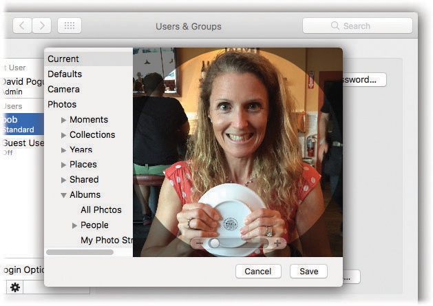 The account-photo box offers you access to every photo on your Mac—and even to your Mac’s camera (for taking a new shot). Once you’ve selected a photo to represent yourself, you can adjust its position relative to the round “frame,” or adjust its size by dragging the slider. Finally, when the picture looks correctly framed, click Save.