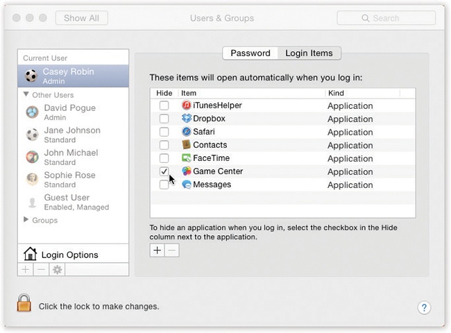 You can add any icon to the list of things you want to start up automatically. Click the + button to summon the Open dialog box, where you can find the icon, select it, and then click Add. Better yet, if you can see the icon in a folder or disk window (or on the desktop), just drag it into this list. To remove an item, click it in the list and then click the — button.