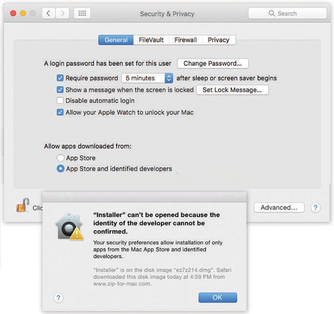 Top: The “Allow apps downloaded from” options are, in fact, the face of Gatekeeper.