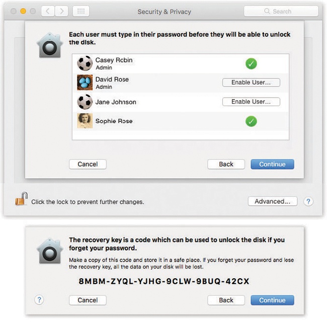 Top: You have to explicitly give permission to each person you want to allow to log into your FileVault-protected Mac. Also, you won’t get away with no-password accounts for this trick; Jane, shown here, won’t be able to unlock the disk at all. Click Enable User to add a password to this account.