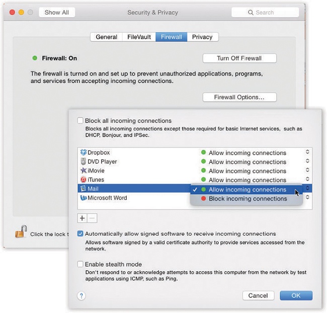 Top: The macOS firewall starts with a simple button click. The fun stuff doesn’t begin until you click Firewall Options.