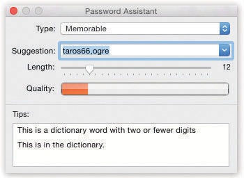 Anyplace you’re supposed to make up a password, including in the Users & Groups pane of System Preferences, a key icon appears. When you click it, the Password Assistant opens. Use the pop-up menu and the Length slider to specify how long and unguessable the password should be. The Quality graph shows you just how tough it is to crack this password.