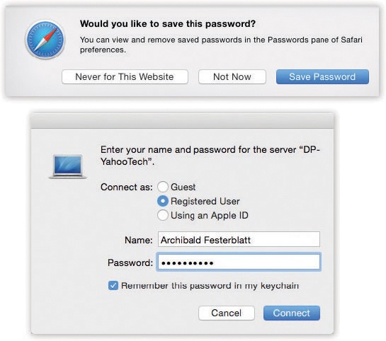 Top: Safari is one of several Internet-based programs that offer to store your passwords in the Keychain; just click Yes. The next time you visit this web page, you’ll find your name and password already typed in.