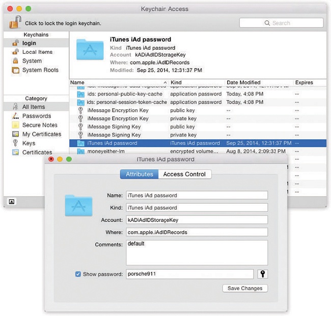 In the main Keychain list, you can double-click a listing for more details about a certain password—including the actual password being stored. To see the password, turn on “Show password.” The first time you try this, you’re asked to prove your worthiness by entering your Keychain password (usually your account password). If you then click Always Allow, you won’t be bothered for a password-to-see-this-password again.