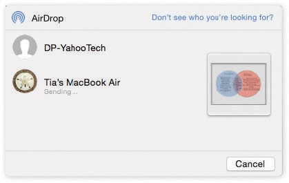 The icons of nearby AirDrop-friendly Apple gadgets and Macs show up in this fun-sized window. You’ve already said what you want to send; now you just have to specify who gets it. Click the destination device’s icon and then click Send.