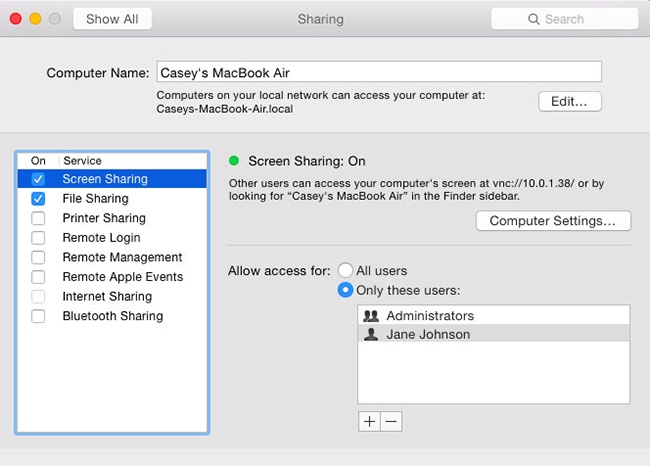 Your Mac is now ready to be observed and even controlled by other machines across the network. The people listed here are allowed to tap in anytime they like, even when you’re not at your machine.