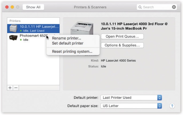 You know that stuff you read about earlier? Setting up printers from the Print dialog box? You can do the same work here. Click the + button below the left-side list.