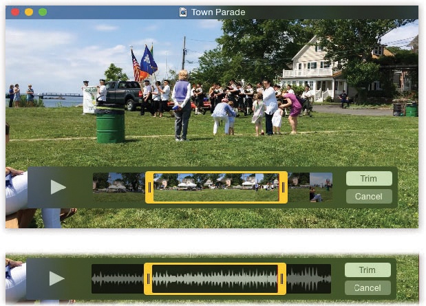 Top: To trim a video, choose Edit→Trim or press -T. Drag the yellow handles inward to isolate the chunk you want to preserve. (You can click or tap the space bar to check your work.) When everything looks good, click Trim or press Return.