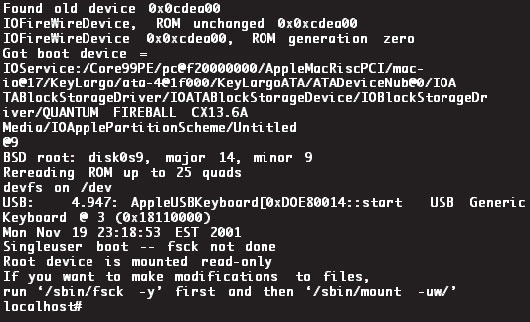 In console mode, your entire screen is a command line interface. Unix jockeys can go to town here. Everyone else can timidly type fsck -y after the localhost# prompt—see this prompt on the very last line?—and hope for the best.