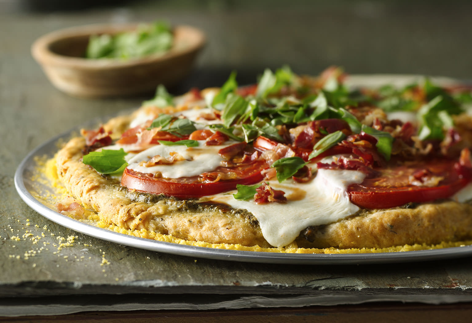 Caprese Pizza with Crispy Pancetta