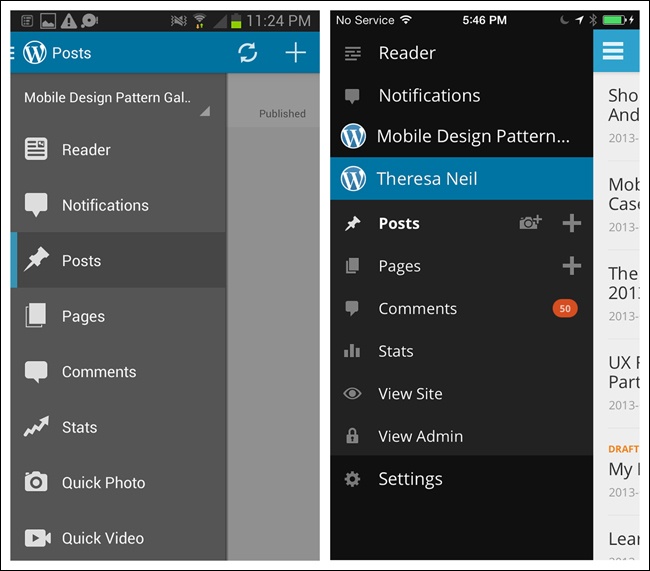 WordPress for Android and iOS: Side Drawer represents “off-canvas” thinking