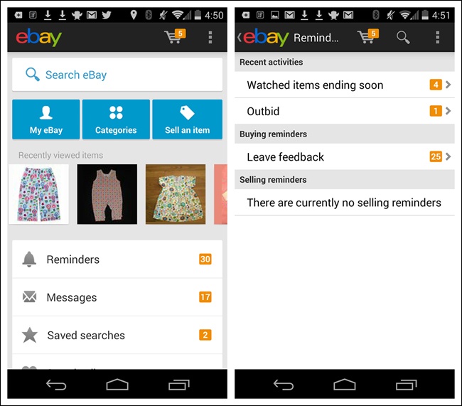 eBay for Android: the chevron is the “Up” button