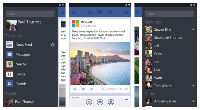 Facebook beta for Windows Phone: two Side Drawers—left for the main menu, right for quick links