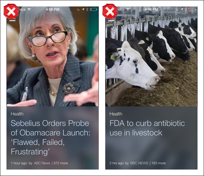 News360 for iOS: no affordance that horizontal swiping shows the next article