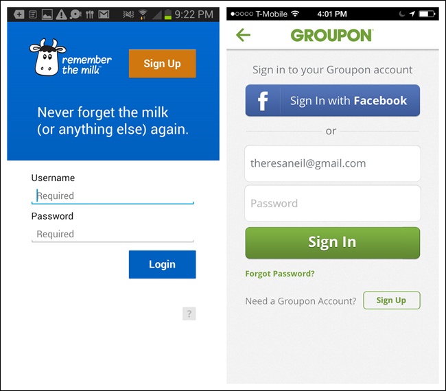 Remember the Milk for Android and Groupon for iOS: minimal Sign In fields