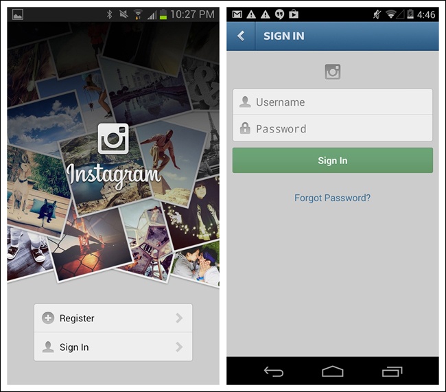 Instagram for Android: Register and Sign In up front